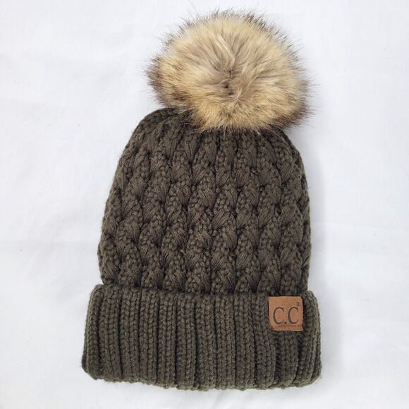 C.C. Korea Olive Green Sherpa Lined Cable Knit Beanie Hat Pom Pom Rolled Hem - Picture 1 of 7